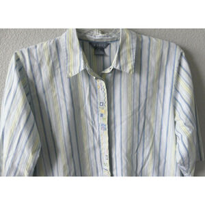 Koret Women's Striped Button Top XL Embellished Cotton Blend White Blue 3/4 Slv